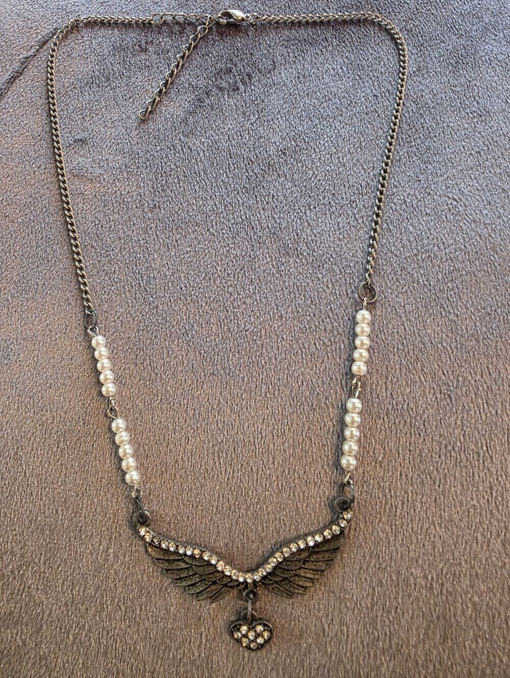 Gothic Angel Wings Pearl Rhinestone Heart Pendant Necklace Antique Silver Y2K